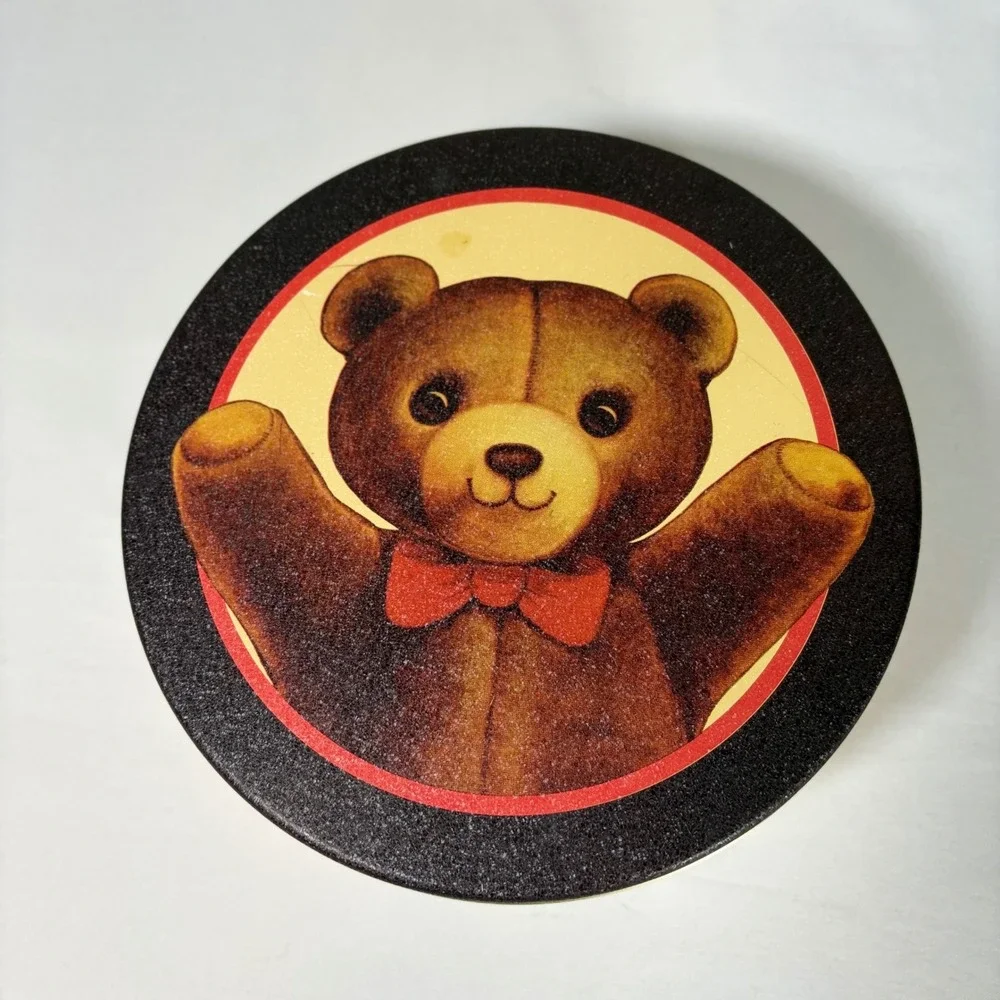 Vintage Teddy Bear Round Metal Storage Tin Collectible Nursery Decor 7 Inch